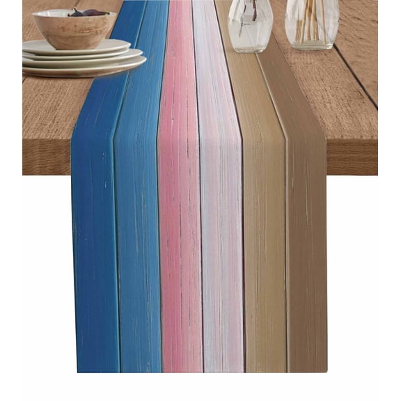 Table Runner 36 Inches Long for Kitchen Dining, Blue Pink Brown Ombre Dresser Scarf Farmhouse, Dining Table Decorations for Wedding/Parties, Vintage Farmhouse Wooden 13 x 36 In