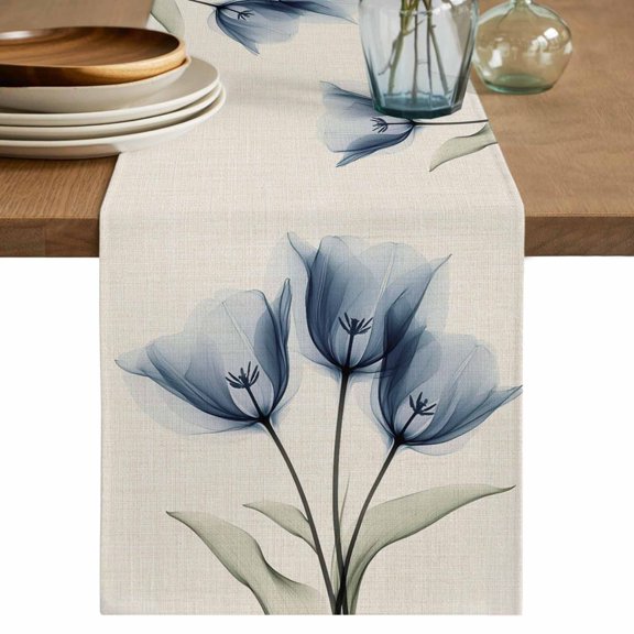 Table Runner 36 Inches Long for Kitchen Dining, Blue Tulip Dresser Scarf Farmhouse, Dining Table Decorations for Wedding/Parties, Spring Floral Retro Beige Pastoral Leaves 13 x 36 In