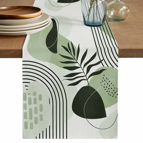Table Runner 36 Inches Long for Kitchen Dining, Boho Geometric Dresser Scarf Farmhouse, Dining Table Decorations for Wedding/Parties, Farmhouse Green Abstract Stripes Leaves 13 x 36 In