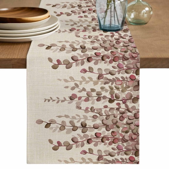 Table Runner 36 Inches Long for Kitchen Dining, Brown Eucalyptus Leaves Dresser Scarf Farmhouse, Dining Table Decorations for Wedding/Parties, Spring Leaves Plants Country Beige 13 x 36 In