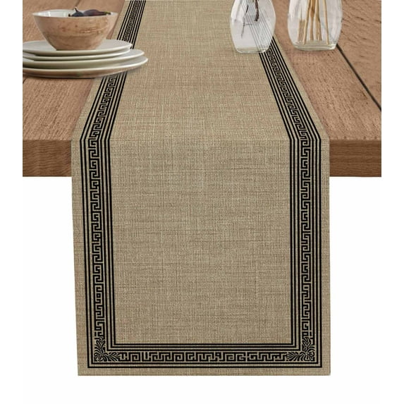 Table Runner 36 Inches Long for Kitchen Dining, Brown Geometric Dresser Scarf Farmhouse, Dining Table Decorations for Wedding/Parties, Black Greek Key Design Burlap Modern Art 13 x 36 In