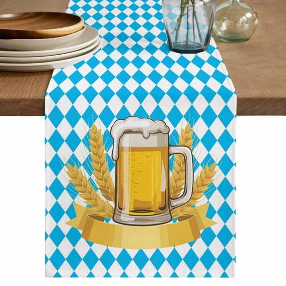 Table Runner 36 Inches Long for Kitchen Dining, Cartoon Beer Dresser Scarf Farmhouse, Dining Table Decorations for Wedding/Parties, Funny Wheat Abstract Blue White Plaid 13 x 36 In