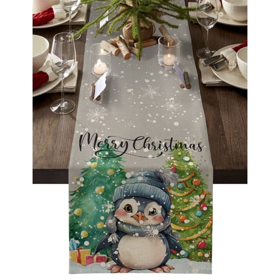 Table Runner 36 Inches Long for Kitchen Dining, Christmas Penguin, Dresser Scarf Farmhouse, Dining Table Decorations for Wedding/Parties, Winter Snowflake Pine Tree Grey 13 x 36 In