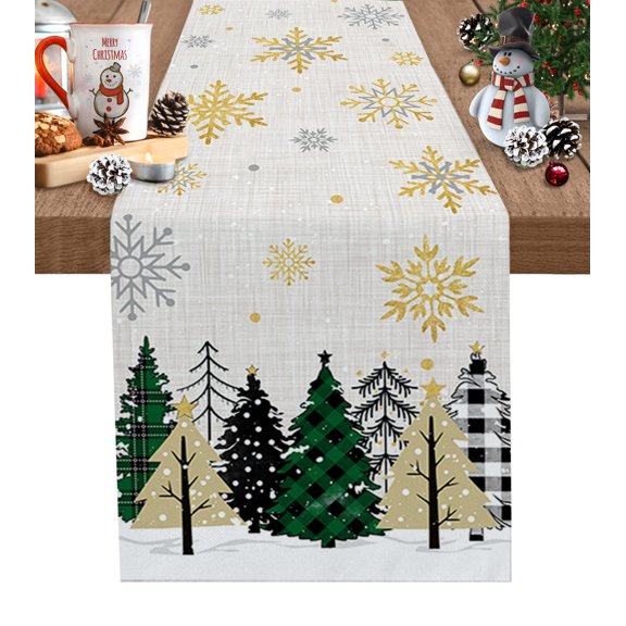 Table Runner 36 Inches Long for Kitchen Dining, Christmas Tree Dresser Scarf Farmhouse, Dining Table Decorations for Wedding/Parties, Green Beige Black Xmas Tree Winter Snowflake 13 x 36 In