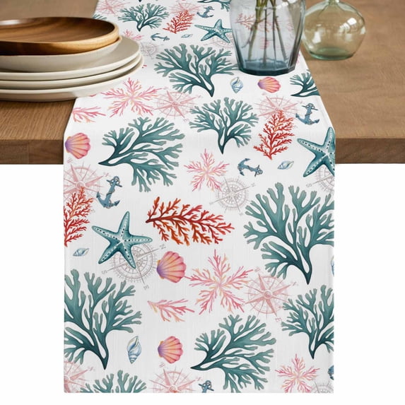 Table Runner 36 Inches Long for Kitchen Dining, Coral Coastal Dresser Scarf Farmhouse, Dining Table Decorations for Wedding/Parties, Blue Red Nautical Summer Beach Ocean 13 x 36 In