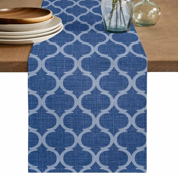 Table Runner 36 Inches Long for Kitchen Dining, Dark Blue Morocco Dresser Scarf Farmhouse, Dining Table Decorations for Wedding/Parties, Ethnic Abstract Geometric Quatrefoil Grid 13 x 36 In