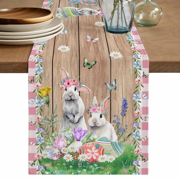 Table Runner 36 Inches Long for Kitchen Dining, Easter Dresser Scarf Farmhouse, Dining Table Decorations for Wedding/Parties, Rabbit Colorful Eggs Flowers Plants Wooden Grain 13 x 36 In