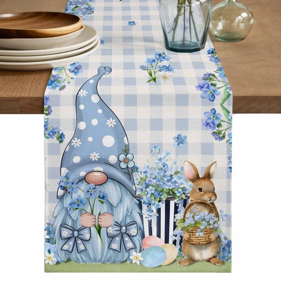 Table Runner 36 Inches Long for Kitchen Dining, Easter Dresser Scarf Farmhouse, Dining Table Decorations for Wedding/Parties, Spring Blue Gnomes Rabbit Eggs Floral Buffalo Plaid 13 x 36 In