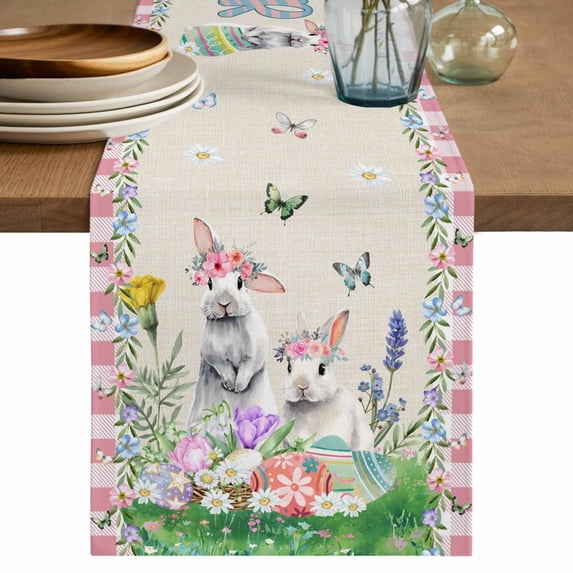 Table Runner 36 Inches Long for Kitchen Dining, Easter Dresser Scarf Farmhouse, Dining Table Decorations for Wedding/Parties, Spring Bunny Botanical Flowers Herbs Eggs Plaid 13 x 36 In