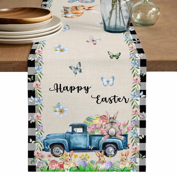 Table Runner 36 Inches Long for Kitchen Dining, Easter Dresser Scarf Farmhouse, Dining Table Decorations for Wedding/Parties, Spring Farmhouse Truck Rabbit Eggs Floral Plaid 13 x 36 In