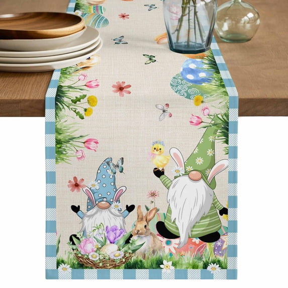 Table Runner 36 Inches Long for Kitchen Dining, Easter Dresser Scarf Farmhouse, Dining Table Decorations for Wedding/Parties, Spring Gnomes Bunny Butterfly Duck Floral Plaid 13 x 36 In