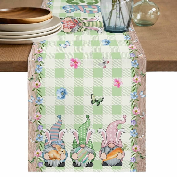Table Runner 36 Inches Long for Kitchen Dining, Easter Dresser Scarf Farmhouse, Dining Table Decorations for Wedding/Parties, Spring Pastoral Gnomes Bunny Eggs Green Lattice 13 x 36 In