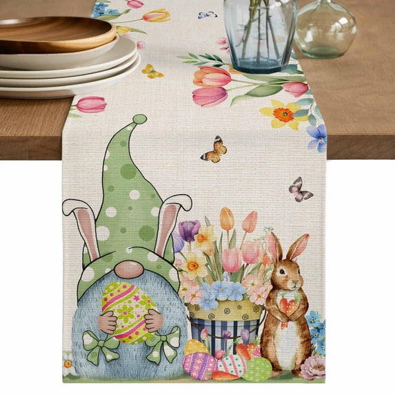 Table Runner 36 Inches Long for Kitchen Dining, Easter Gnomes Dresser Scarf Farmhouse, Dining Table Decorations for Wedding/Parties, Spring Watercolor Bunny Tulip Flower Beige 13 x 36 In