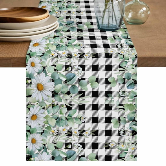 Table Runner 36 Inches Long for Kitchen Dining, Green Eucalyptus Leaves Dresser Scarf Farmhouse, Dining Table Decorations for Wedding/Parties, Summer Botanical Daisy Black Plaid 13 x 36 In