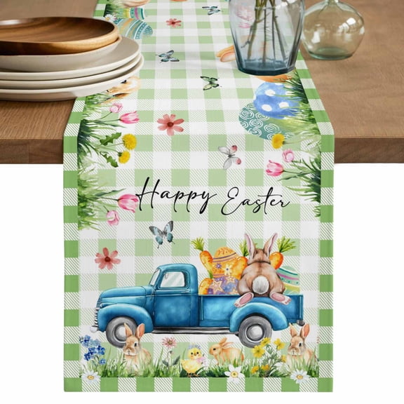 Table Runner 36 Inches Long for Kitchen Dining, Green Plaid Easter Dresser Scarf Farmhouse, Dining Table Decorations for Wedding/Parties, Blue Truck Spring Floral Bunny Animals 13 x 36 In