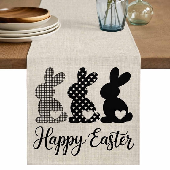 Table Runner 36 Inches Long for Kitchen Dining, Happy Easter Rabbits Dresser Scarf Farmhouse, Dining Table Decorations for Wedding/Parties, Black Plaid Polka Dots Rabbits Beige 13 x 36 In