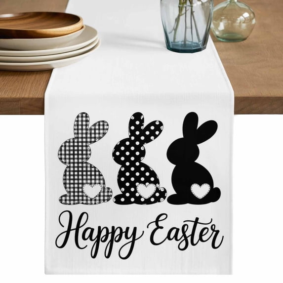 Table Runner 36 Inches Long for Kitchen Dining, Happy Easter Rabbits Dresser Scarf Farmhouse, Dining Table Decorations for Wedding/Parties, Black Plaid Polka Dots Rabbits Spring 13 x 36 In
