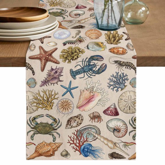 Table Runner 36 Inches Long for Kitchen Dining, Nautical Coastal Dresser Scarf Farmhouse, Dining Table Decorations for Wedding/Parties, Retro Ocean Starfish Shells Animals Brown 13 x 36 In