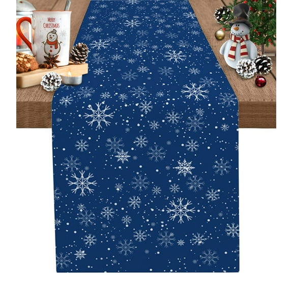 Table Runner 36 Inches Long for Kitchen Dining, Navy Blue Christmas Snowflake Dresser Scarf Farmhouse, Dining Table Decorations for Wedding/Parties, Winter Snowflake Xmas 13 x 36 In