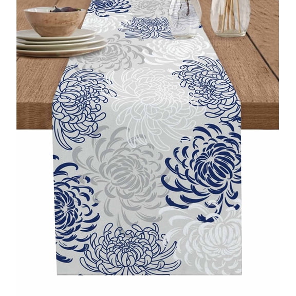 Table Runner 36 Inches Long for Kitchen Dining, Navy Blue Chrysanthemum Dresser Scarf Farmhouse, Dining Table Decorations for Wedding/Parties, Farmhouse Botanical Floral Modern 13 x 36 In