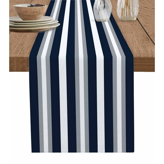 Table Runner 36 Inches Long for Kitchen Dining, Navy Blue Gray Stripe Dresser Scarf Farmhouse, Dining Table Decorations for Wedding/Parties, Modern Farmhouse Horizontal Striped 13 x 36 In