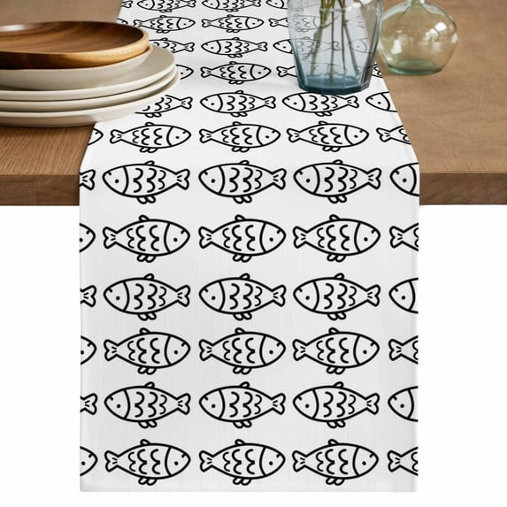 Table Runner 36 Inches Long for Kitchen Dining, Ocean Brown Fish Dresser Scarf Farmhouse, Dining Table Decorations for Wedding/Parties, Summer Fishing Coastal Nautical Simple 13 x 36 In