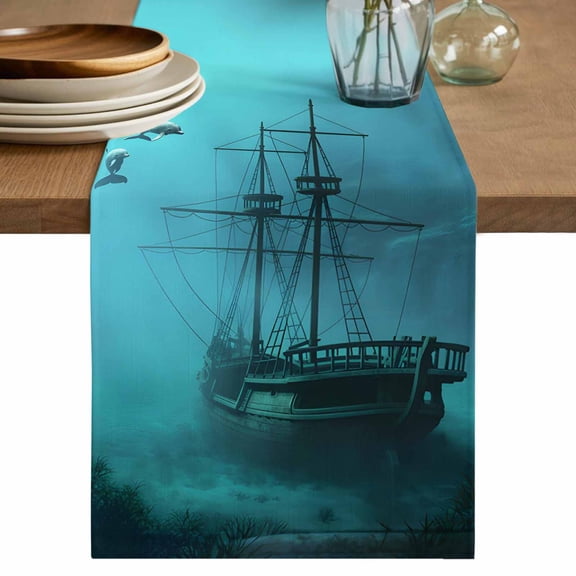 Table Runner 36 Inches Long for Kitchen Dining, Ocean Shipwrecks Dresser Scarf Farmhouse, Dining Table Decorations for Wedding/Parties, Coastal Nautical Dolphins Vintage 13 x 36 In