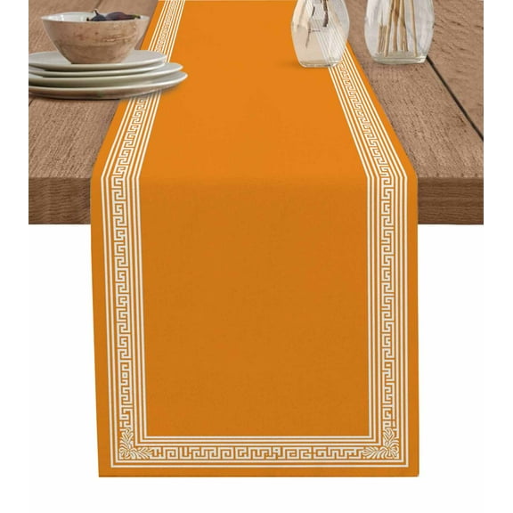Table Runner 36 Inches Long for Kitchen Dining, Orange Geometric Dresser Scarf Farmhouse, Dining Table Decorations for Wedding/Parties, White Greek Key Design Abstract Modern Art 13 x 36 In