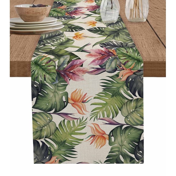 Table Runner 36 Inches Long for Kitchen Dining, Palm Leaves Dresser Scarf Farmhouse, Dining Table Decorations for Wedding/Parties, Summer Botanical Tropical Plants Rustic 13 x 36 In