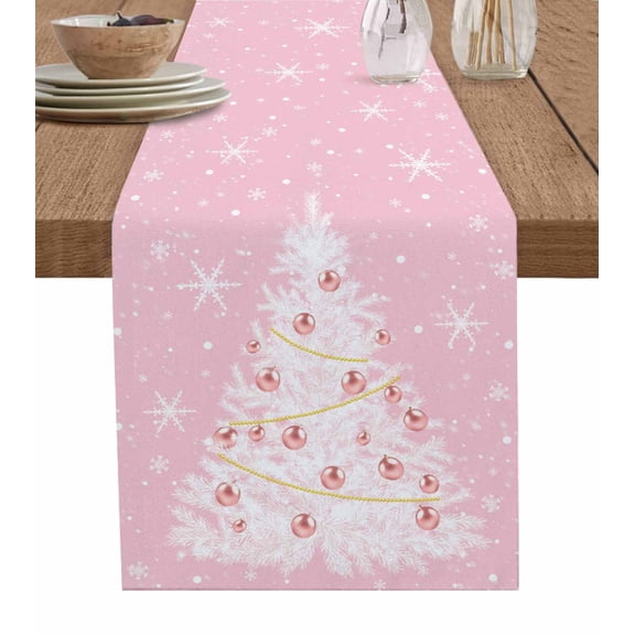 Table Runner 36 Inches Long for Kitchen Dining, Pink Christmas Tree Dresser Scarf Farmhouse, Dining Table Decorations for Wedding/Parties, Winter Balls Snowflake Xmas Tree 13 x 36 In