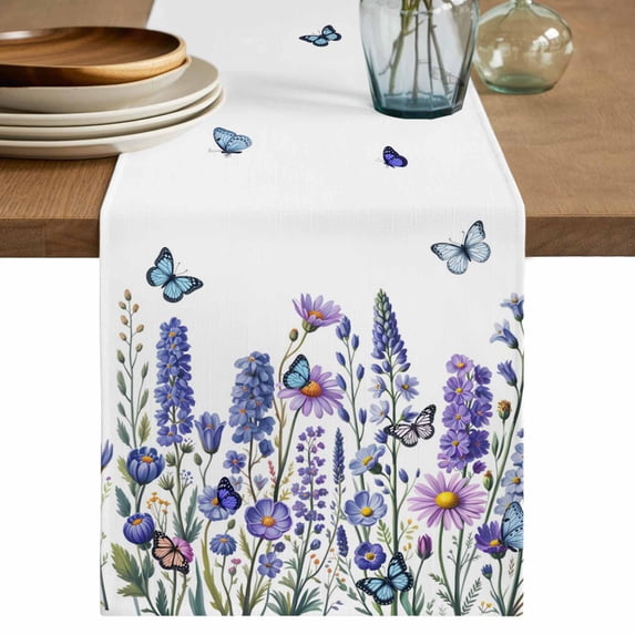 Table Runner 36 Inches Long for Kitchen Dining, Purple Floral Dresser Scarf Farmhouse, Dining Table Decorations for Wedding/Parties, Spring Lavender Daisy Butterflies Botanical 13 x 36 In