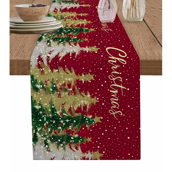 Table Runner 36 Inches Long for Kitchen Dining, Red Christmas Tree Dresser Scarf Farmhouse, Dining Table Decorations for Wedding/Parties, Green Yellow Gray Xmas Tree Snowflake 13 x 36 In