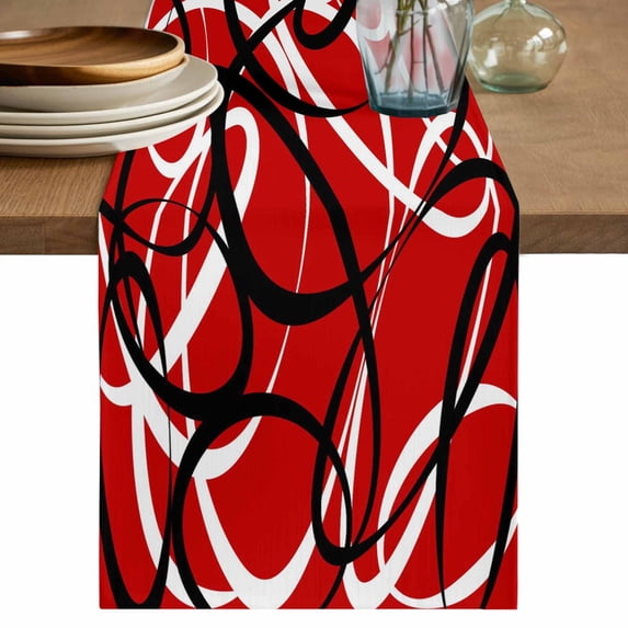 Table Runner 36 Inches Long for Kitchen Dining, Red Geometric Dresser Scarf Farmhouse, Dining Table Decorations for Wedding/Parties, Modern Abstract Black White Striped Lines 13 x 36 In