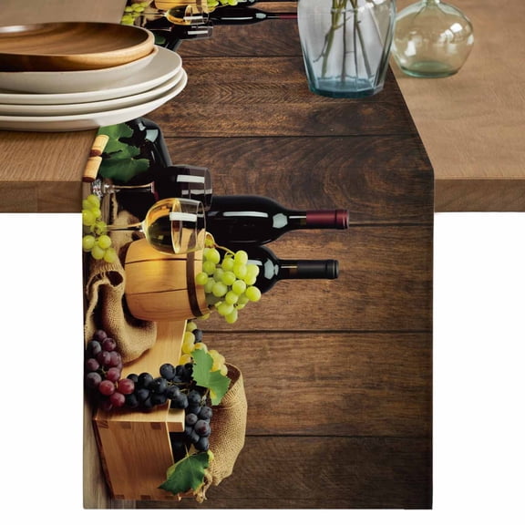 Table Runner 36 Inches Long for Kitchen Dining, Red Wines Dresser Scarf Farmhouse, Dining Table Decorations for Wedding/Parties, Champagne Grapes Galsses Country Wooden Plank 13 x 36 In