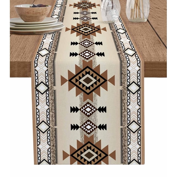 Table Runner 36 Inches Long for Kitchen Dining, Southwest Dresser Scarf Farmhouse, Dining Table Decorations for Wedding/Parties, Brown Bohemian Abstract American Aztec 13 x 36 In