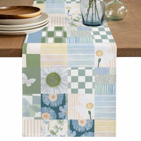 Table Runner 36 Inches Long for Kitchen Dining, Spring Floral Checkered Dresser Scarf Farmhouse, Dining Table Decorations for Wedding/Parties, Sage Green Daisy Buffalo Plaid 13 x 36 In
