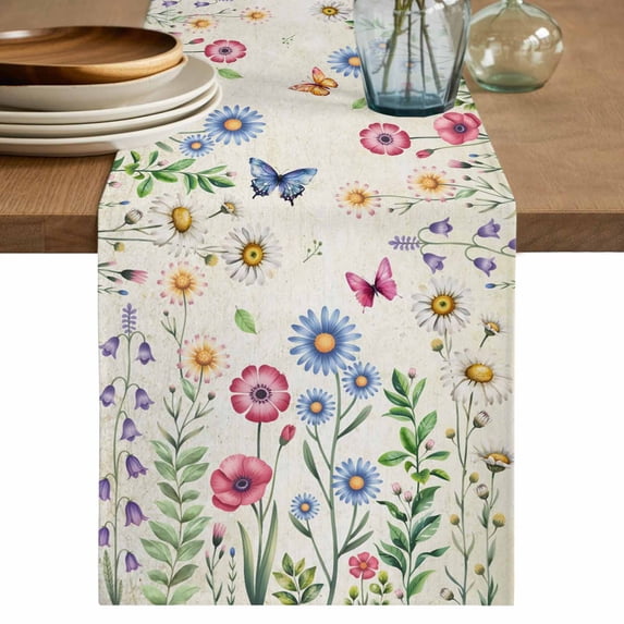 Table Runner 36 Inches Long for Kitchen Dining, Spring Floral Dresser Scarf Farmhouse, Dining Table Decorations for Wedding/Parties, Pink Blue Flowers Butterfly Farmhouse 13 x 36 In