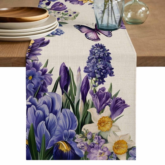 Table Runner 36 Inches Long for Kitchen Dining, Spring Floral Dresser Scarf Farmhouse, Dining Table Decorations for Wedding/Parties, Purple Tulips Hydrangeas Butterflies Beige 13 x 36 In
