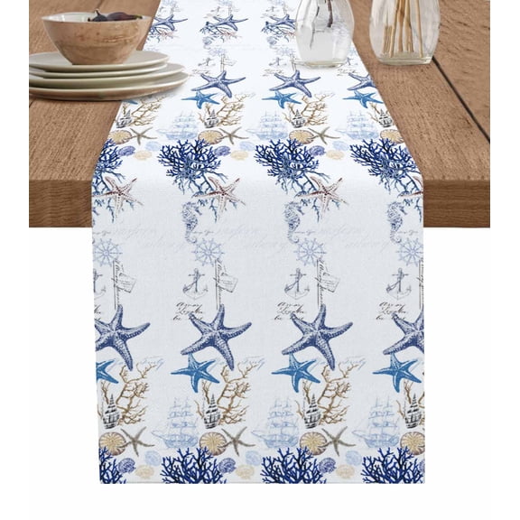 Table Runner 36 Inches Long for Kitchen Dining, Starfish Dresser Scarf Farmhouse, Dining Table Decorations for Wedding/Parties, Blue Ocean Coastal Coral Shell Nautical Boat 13 x 36 In