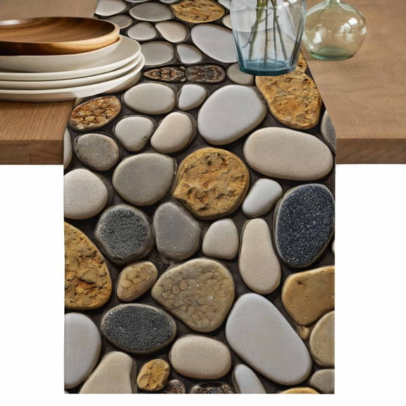 Table Runner 36 Inches Long for Kitchen Dining, Stones Dresser Scarf Farmhouse, Dining Table Decorations for Wedding/Parties, Gravel Rock Cobblestone Natural Pattern Art 13 x 36 In
