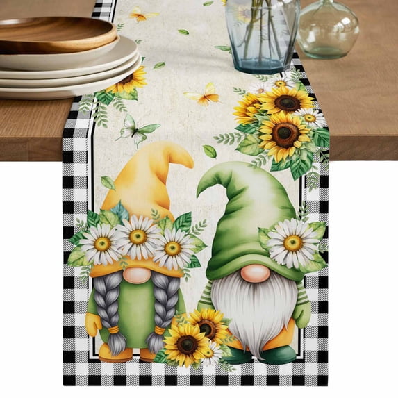 Table Runner 36 Inches Long for Kitchen Dining, Sunflower Gnomes Dresser Scarf Farmhouse, Dining Table Decorations for Wedding/Parties, Spring Farmhouse Vintage Daisy Leaf Plaid 13 x 36 In