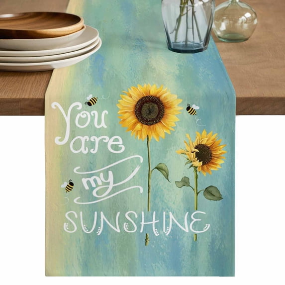 Table Runner 36 Inches Long for Kitchen Dining, Sunflowers Dresser Scarf Farmhouse, Dining Table Decorations for Wedding/Parties, Modern Bee You Are My Sunshine Green 13 x 36 In