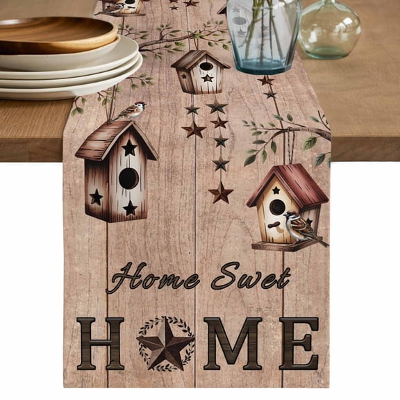 Table Runner 36 Inches Long for Kitchen Dining, Sweet Home Dresser Scarf Farmhouse, Dining Table Decorations for Wedding/Parties, Western Stars Bird Houses Brown Wooden Grain 13 x 36 In