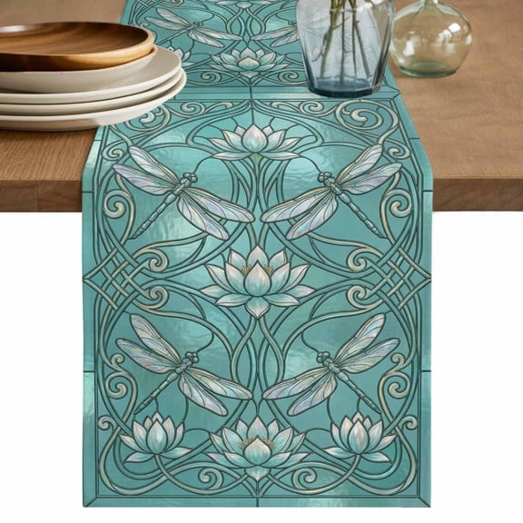 Table Runner 36 Inches Long for Kitchen Dining, Teal Dragonfly Dresser Scarf Farmhouse, Dining Table Decorations for Wedding/Parties, Vintage Geometric Glass Animal Flower 13 x 36 In