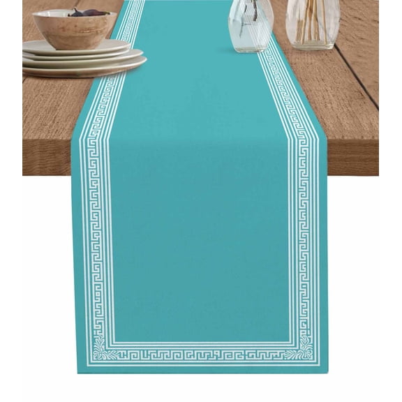 Table Runner 36 Inches Long for Kitchen Dining, Teal Geometric Dresser Scarf Farmhouse, Dining Table Decorations for Wedding/Parties, White Greek Key Design Abstract Modern Art 13 x 36 In