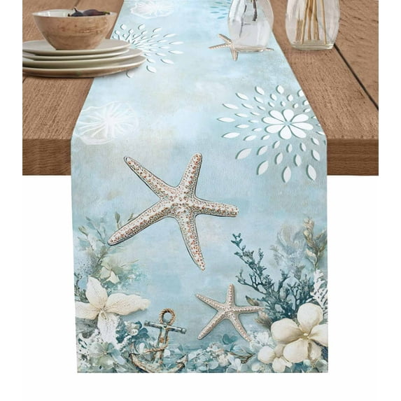 Table Runner 36 Inches Long for Kitchen Dining, Teal Ocean Coastal Dresser Scarf Farmhouse, Dining Table Decorations for Wedding/Parties, Summer Beach Nautical Coral Starfish 13 x 36 In