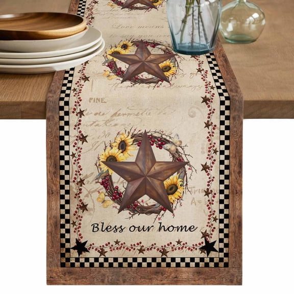 Table Runner 36 Inches Long for Kitchen Dining, Texas Star Vintage Dresser Scarf Farmhouse, Dining Table Decorations for Wedding/Parties, Sunflower Checkered Stars Retro Art 13 x 36 In