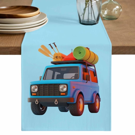 Table Runner 36 Inches Long for Kitchen Dining, Travel Truck Dresser Scarf Farmhouse, Dining Table Decorations for Wedding/Parties, Cartoon Navy Camping Cars Blue Background 13 x 36 In