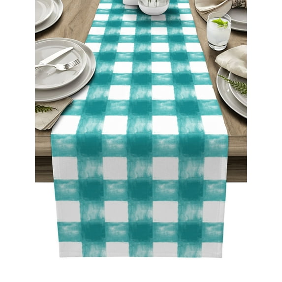 Table Runner 36 Inches Long for Kitchen Dining, Turquoise Buffalo Check Dresser Scarf Farmhouse, Dining Table Decorations for Wedding/Parties, Farmhouse Modern Teal Plaid 13 x 36 In
