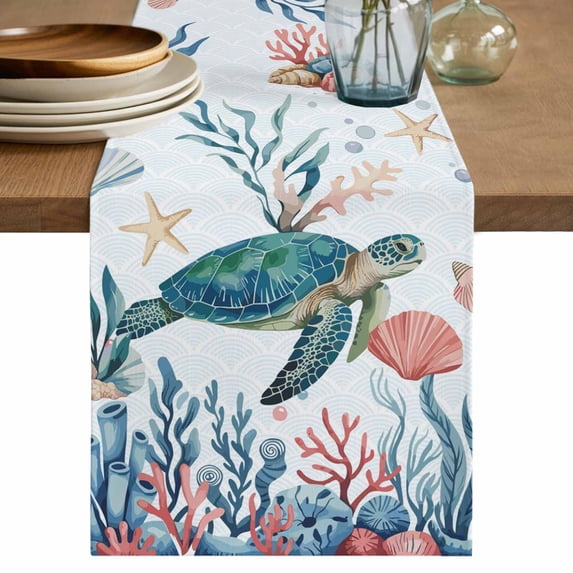 Table Runner 36 Inches Long for Kitchen Dining, Turtle Coastal Dresser Scarf Farmhouse, Dining Table Decorations for Wedding/Parties, Summer Beach Ocean Shell Jellyfish Starfish 13 x 36 In